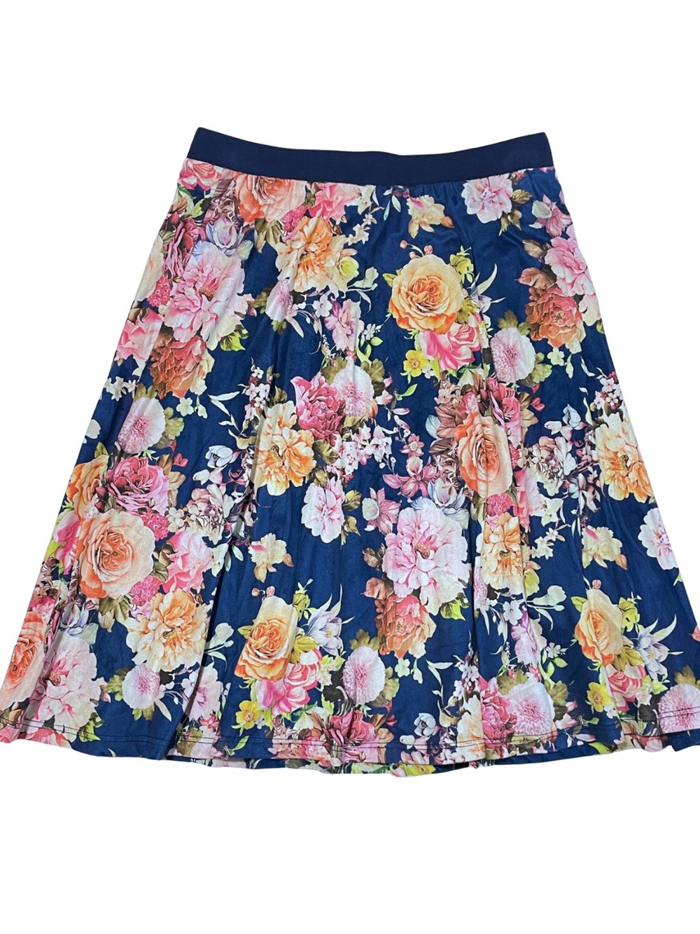 LE LIS Made USA Navy Floral A-Line Pull On Stretch Skirt Size Medium
